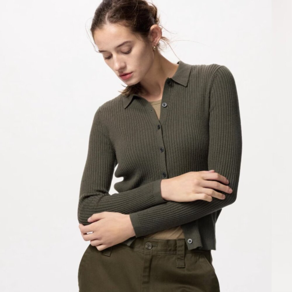 Uniqlo Merino Ribbed Polo Cardigan (Olive/M)